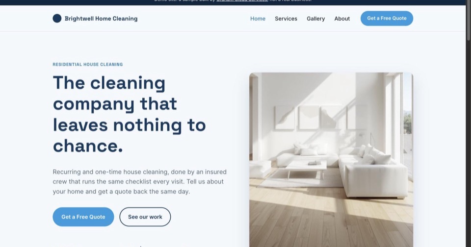 Homepage of Brightwell Home Cleaning, a demo house-cleaning company site