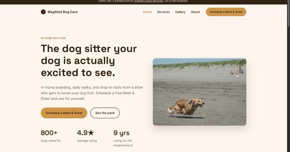 Homepage of Wagfield Dog Care, a demo dog-sitting company site