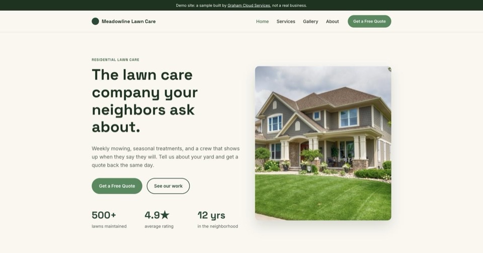 Homepage of Meadowline Lawn Care, a demo lawn-care company site